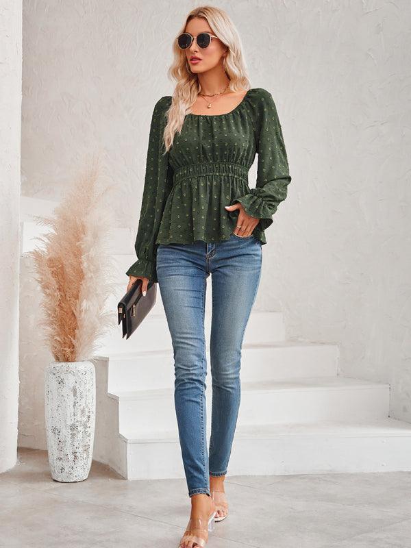 Women's round neck waist solid color lotus leaf sleeve top - 808Lush
