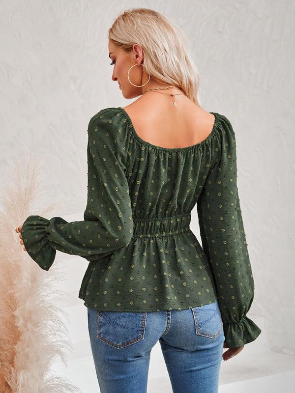 Women's round neck waist solid color lotus leaf sleeve top - 808Lush