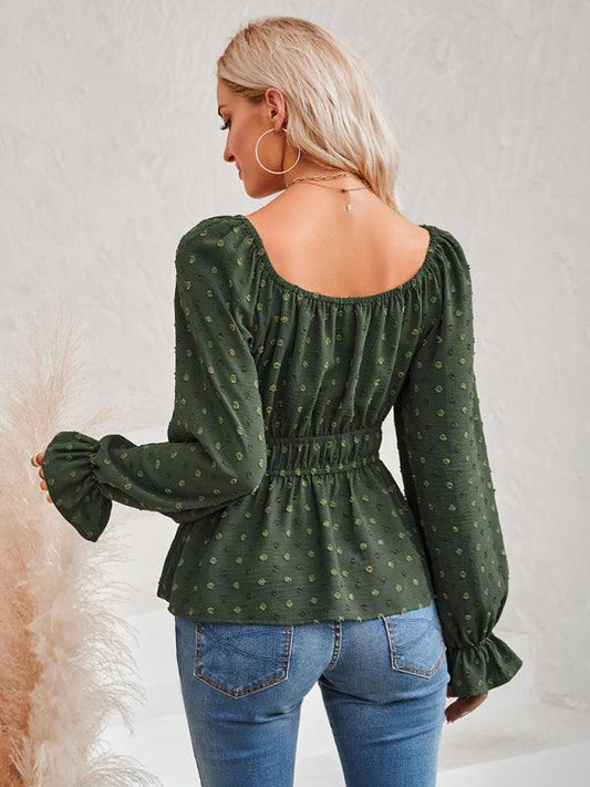 Women's round neck waist solid color lotus leaf sleeve top - 808Lush