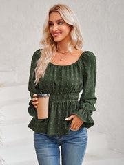 Women's round neck waist solid color lotus leaf sleeve top - 808Lush