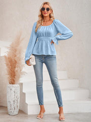 Women's round neck waist solid color lotus leaf sleeve top - 808Lush
