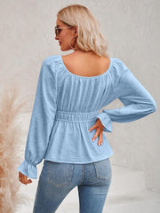 Women's round neck waist solid color lotus leaf sleeve top - 808Lush
