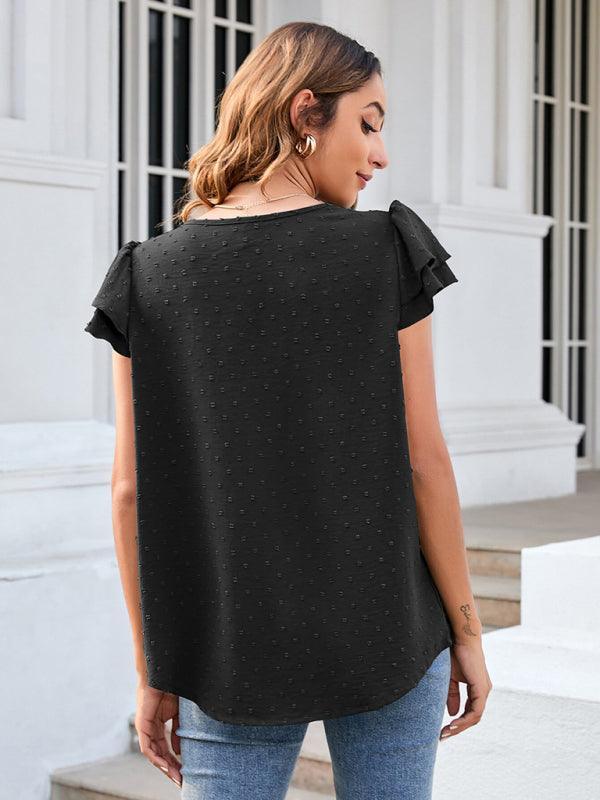 Women's ruffle edge short-sleeved button-down solid color chiffon jacquard shirt - 808Lush