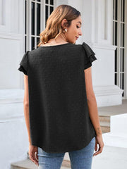 Women's ruffle edge short-sleeved button-down solid color chiffon jacquard shirt - 808Lush