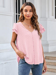 Women's ruffle edge short-sleeved button-down solid color chiffon jacquard shirt - 808Lush