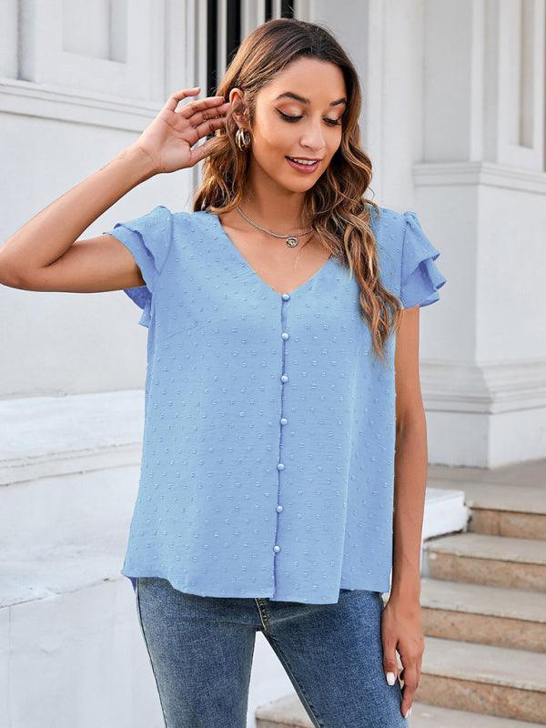 Women's ruffle edge short-sleeved button-down solid color chiffon jacquard shirt - 808Lush
