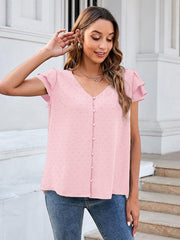 Women's ruffle edge short-sleeved button-down solid color chiffon jacquard shirt - 808Lush