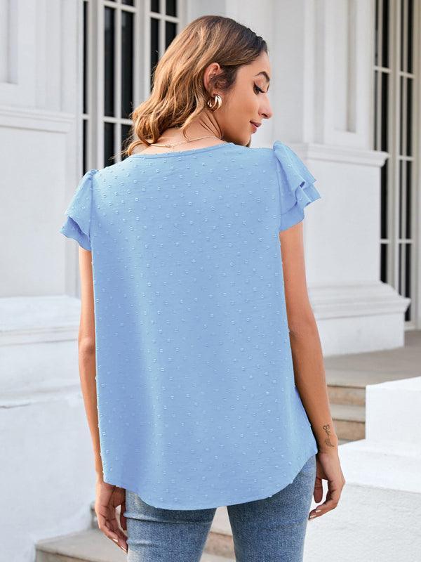 Women's ruffle edge short-sleeved button-down solid color chiffon jacquard shirt - 808Lush
