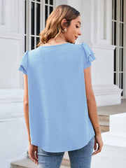 Women's ruffle edge short-sleeved button-down solid color chiffon jacquard shirt - 808Lush