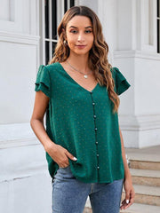 Women's ruffle edge short-sleeved button-down solid color chiffon jacquard shirt - 808Lush