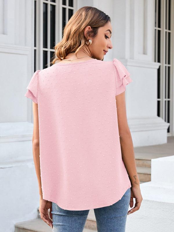 Women's ruffle edge short-sleeved button-down solid color chiffon jacquard shirt - 808Lush