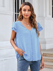 Women's ruffle edge short-sleeved button-down solid color chiffon jacquard shirt - 808Lush