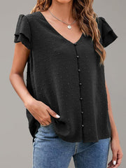 Women's ruffle edge short-sleeved button-down solid color chiffon jacquard shirt - 808Lush