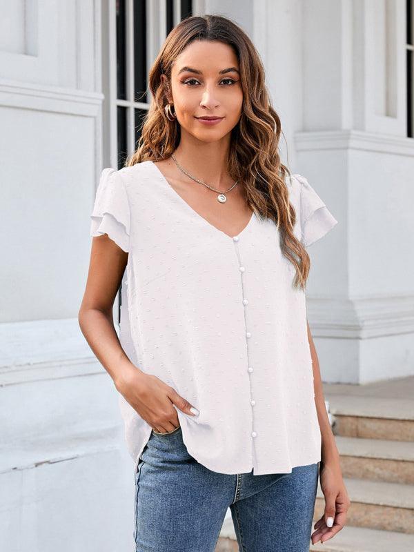 Women's ruffle edge short-sleeved button-down solid color chiffon jacquard shirt - 808Lush