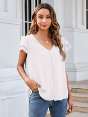 Women's ruffle edge short-sleeved button-down solid color chiffon jacquard shirt - 808Lush