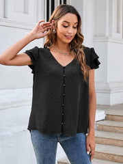 Women's ruffle edge short-sleeved button-down solid color chiffon jacquard shirt - 808Lush