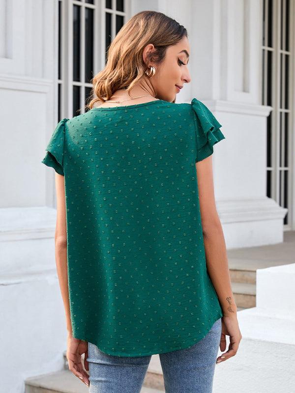 Women's ruffle edge short-sleeved button-down solid color chiffon jacquard shirt - 808Lush