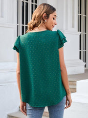 Women's ruffle edge short-sleeved button-down solid color chiffon jacquard shirt - 808Lush