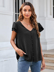 Women's ruffle edge short-sleeved button-down solid color chiffon jacquard shirt - 808Lush