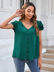 Women's ruffle edge short-sleeved button-down solid color chiffon jacquard shirt - 808Lush