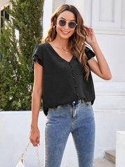 Women's ruffle edge short-sleeved button-down solid color chiffon jacquard shirt - 808Lush