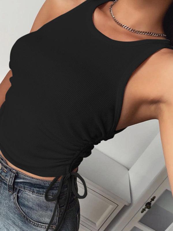 Women's short sexy solid color slim pleated halter top - 808Lush