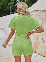Women's short-sleeved lace-up lapel jacquard knitted solid color short jumpsuit - 808Lush