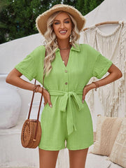Women's short-sleeved lace-up lapel jacquard knitted solid color short jumpsuit - 808Lush