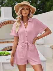 Women's short-sleeved lace-up lapel jacquard knitted solid color short jumpsuit - 808Lush
