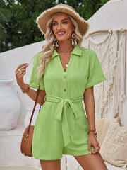 Women's short-sleeved lace-up lapel jacquard knitted solid color short jumpsuit - 808Lush