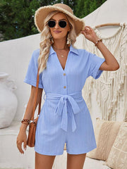 Women's short-sleeved lace-up lapel jacquard knitted solid color short jumpsuit - 808Lush