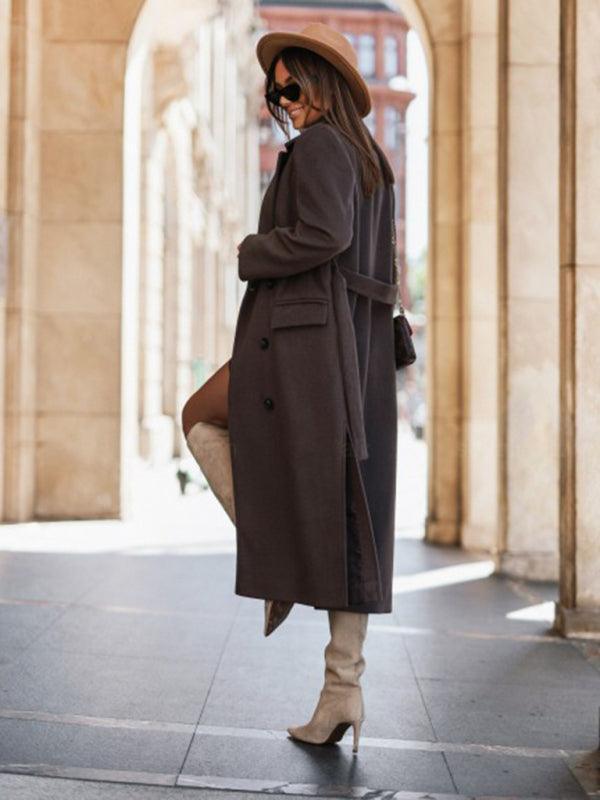 Women's simple long-sleeved solid color suit collar tie-up woolen jacket - 808Lush