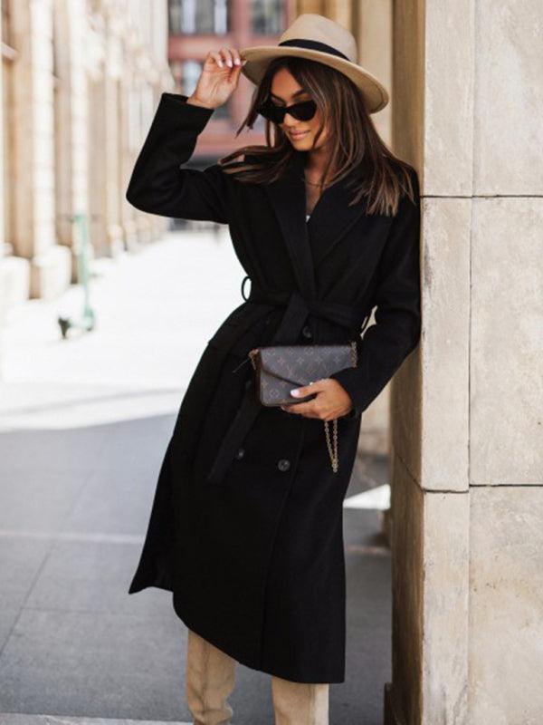 Women's simple long-sleeved solid color suit collar tie-up woolen jacket - 808Lush