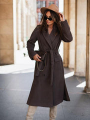 Women's simple long-sleeved solid color suit collar tie-up woolen jacket - 808Lush