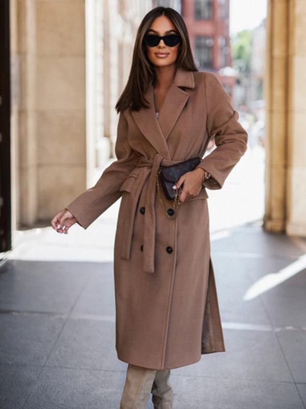 Women's simple long-sleeved solid color suit collar tie-up woolen jacket - 808Lush
