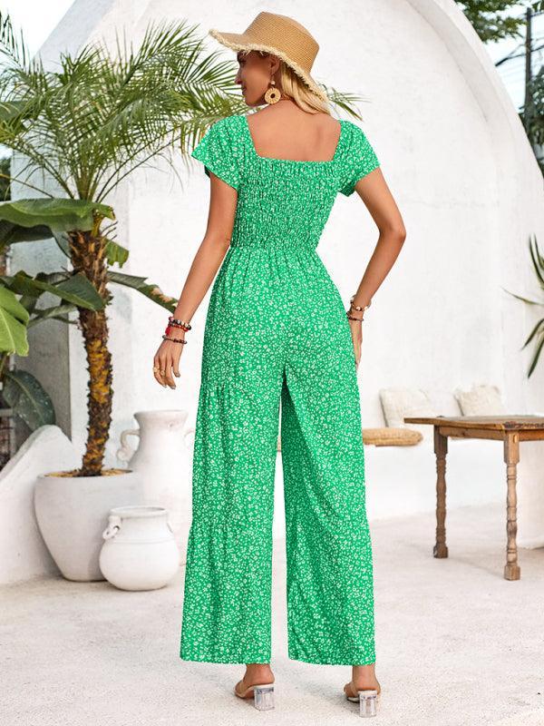 Women's small floral print round neck jumpsuit - 808Lush