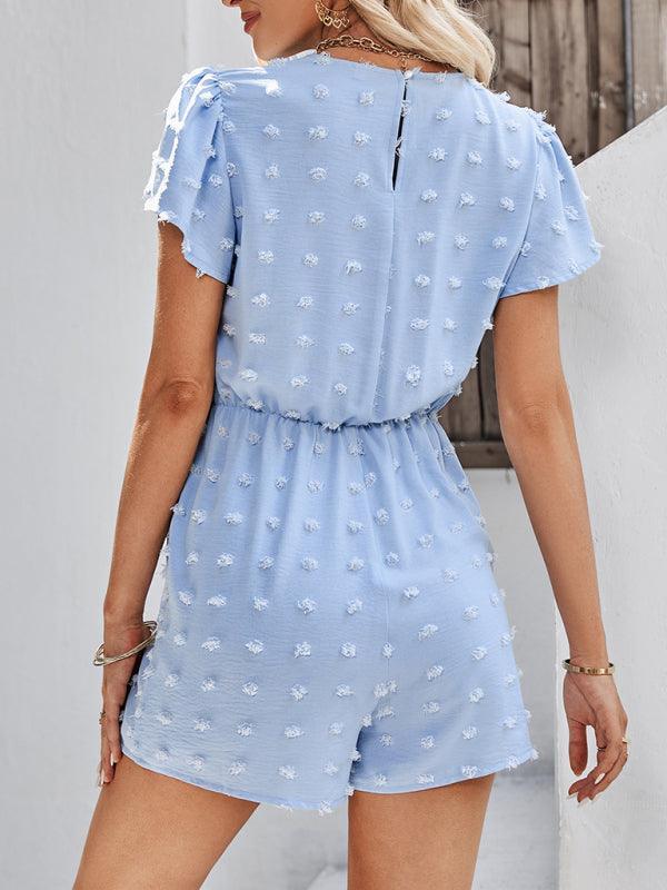 Women's solid color V-neck chiffon jacquard short-sleeved rompers - 808Lush
