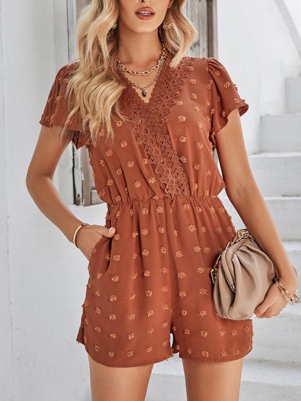 Women's solid color V-neck chiffon jacquard short-sleeved rompers - 808Lush