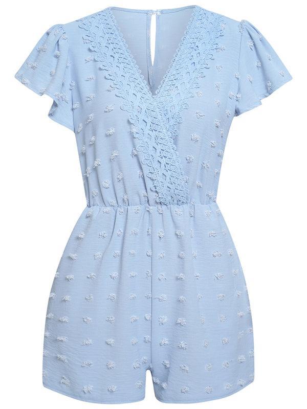 Women's solid color V-neck chiffon jacquard short-sleeved rompers - 808Lush