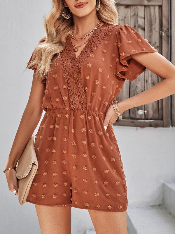 Women's solid color V-neck chiffon jacquard short-sleeved rompers - 808Lush