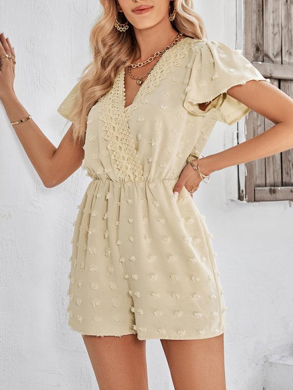 Women's solid color V-neck chiffon jacquard short-sleeved rompers - 808Lush