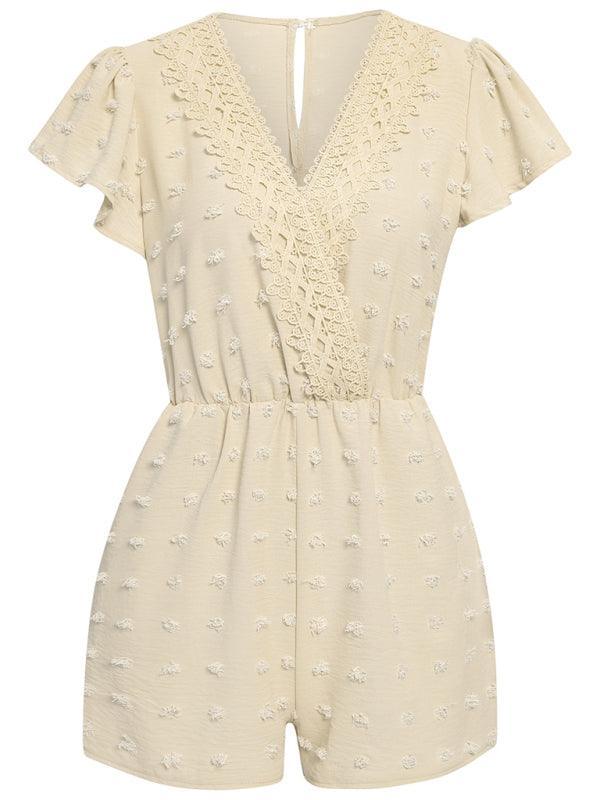 Women's solid color V-neck chiffon jacquard short-sleeved rompers - 808Lush