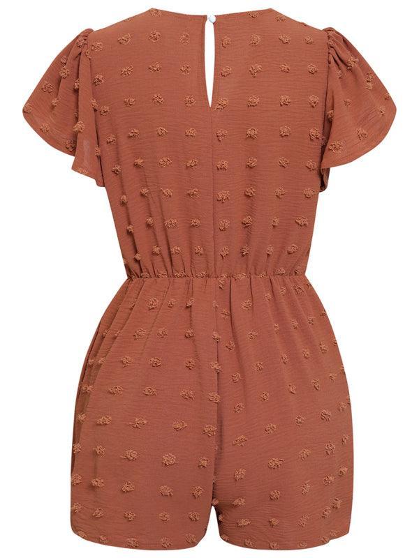 Women's solid color V-neck chiffon jacquard short-sleeved rompers - 808Lush