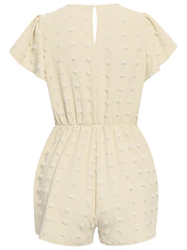 Women's solid color V-neck chiffon jacquard short-sleeved rompers - 808Lush