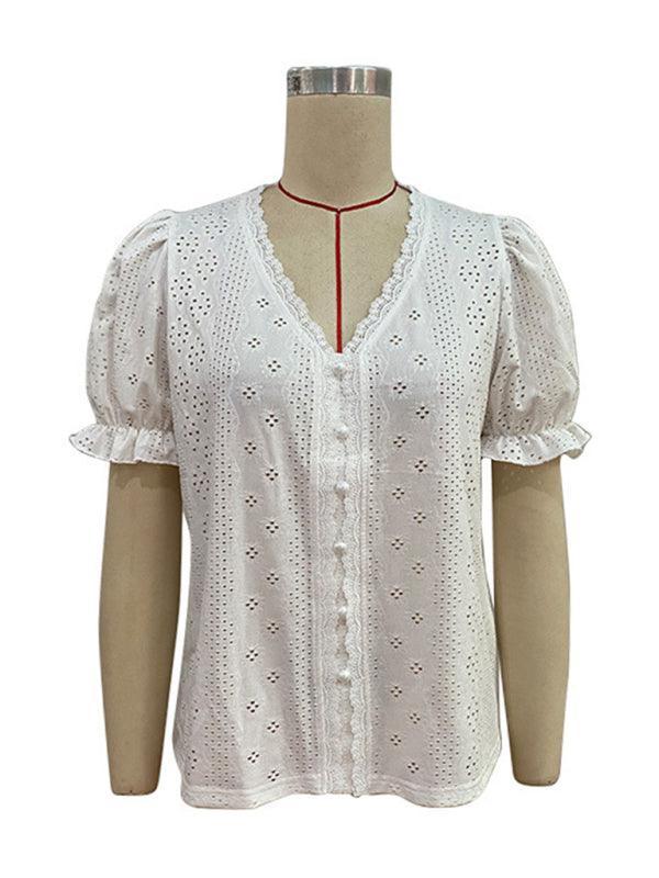 Women's solid color V-neck hollow short-sleeved blouse - 808Lush