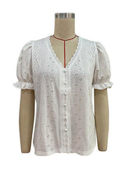 Women's solid color V-neck hollow short-sleeved blouse - 808Lush