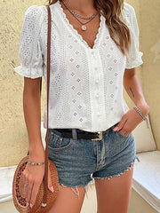 Women's solid color V-neck hollow short-sleeved blouse - 808Lush
