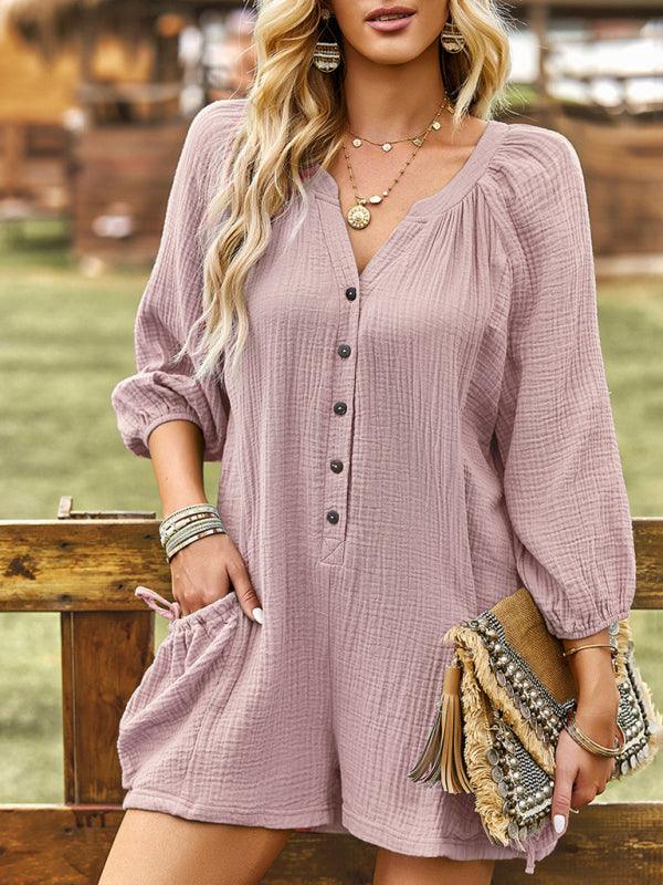 Women's solid color casual loose cotton and linen jumpsuit - 808Lush