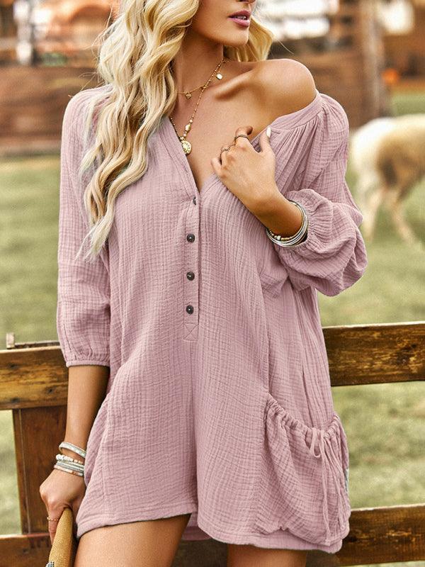 Women's solid color casual loose cotton and linen jumpsuit - 808Lush