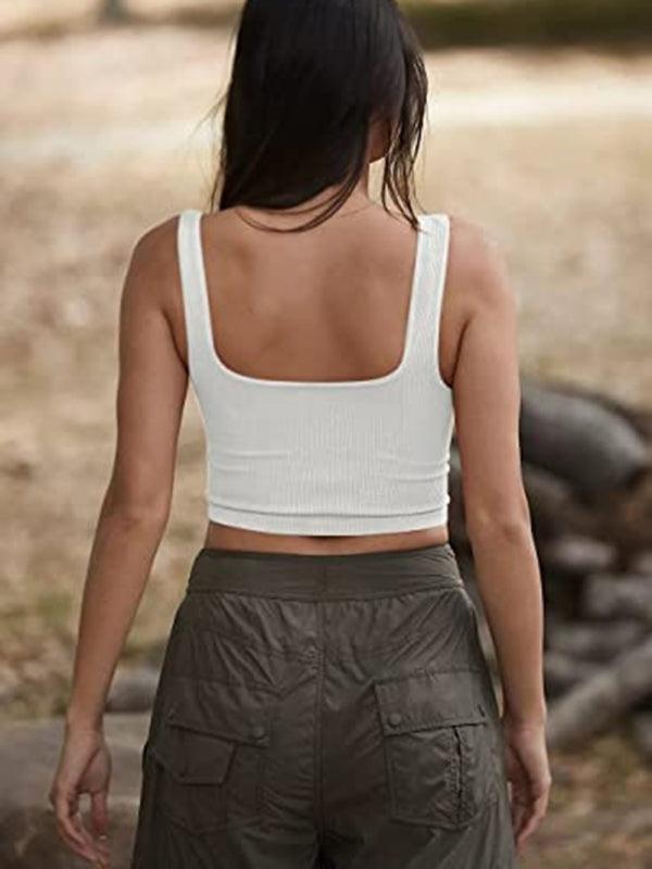Women's solid color casual thread short vest - 808Lush